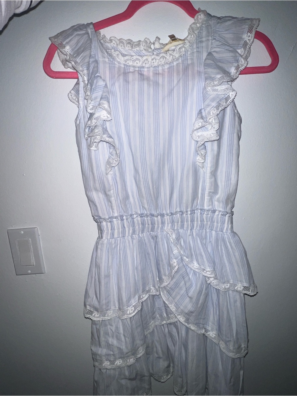 LoveShackFancy Blue and White Striped Ruffle Dress